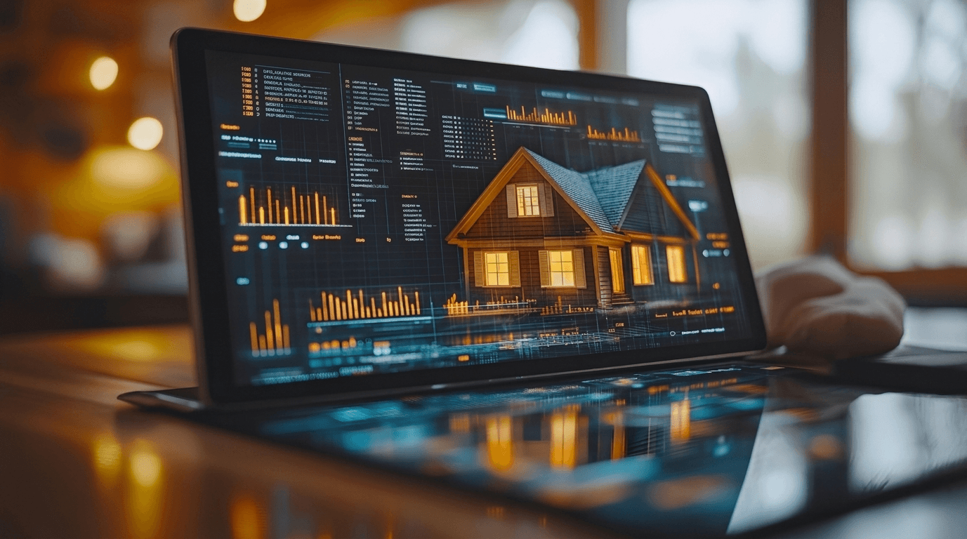 Modern laptop displaying a 3D Dubai property model overlaid on a professional real estate data analytics dashboard